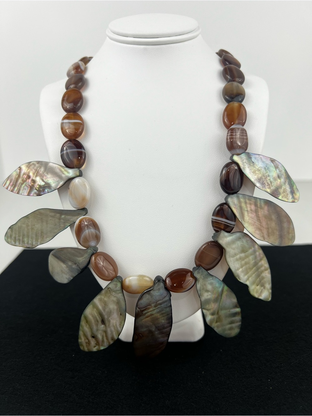 Studio Barse Sterling Silver 925 Abalone & Agate Leaf Statement Necklace 16.5"